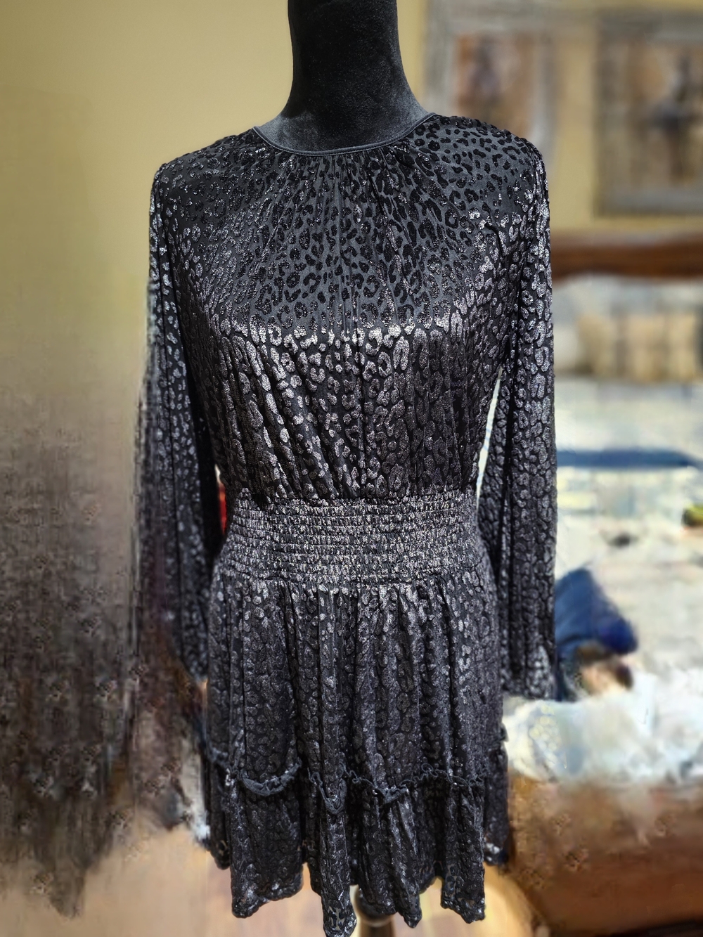 Michael Kors Black Long-Sleeve Leopard-Texture Smocked-Waist Dress. NWT